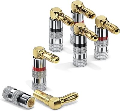 ETEC Fiches banane, adaptées aux câbles d'enceintes jusqu'à 6 mm² de section, fiches à 90° avec codage couleur (2x rouge, 2x noir), jeu de 4, plaquées or 24 carats