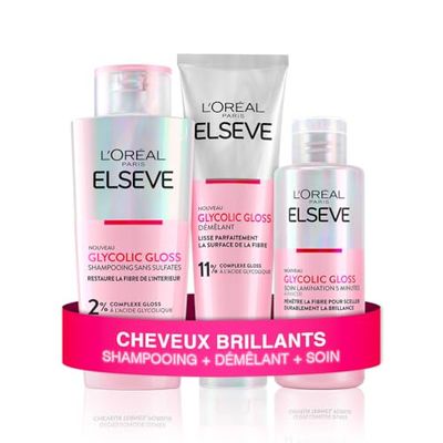 L'Oréal Paris - Routine Capillaire Complète pour Cheveux Ternes - Shampooing + Démêlant + Soin Lamination - Acide Glycolique - Sans Sulfates - Elseve Glycolic Gloss - 3 Produits