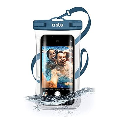 SBS Cover impermeabile IPX8 per cellulari Android e iPhone fino a 6,8" con finestra touch, impugnatura per selfie, laccio da collo, chiusura ermetica water resistant per brevi immesioni, blu
