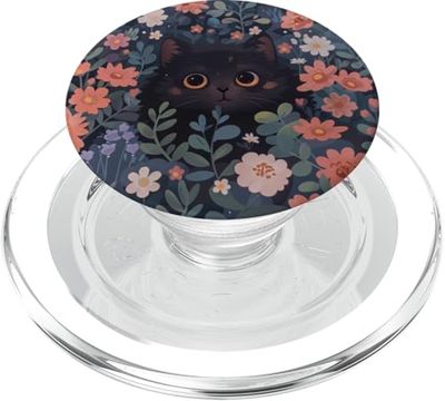 Black Cat Hiding in Wild Spring Flowers Floral Graphic PopSockets PopGrip for MagSafe