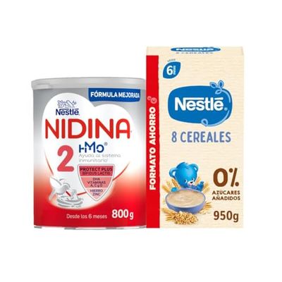 NIDINA - Mega Pack Leche de continuación en polvo Nidina 2 800g + Papilla Nestlé para bebés 8 cereales 950g