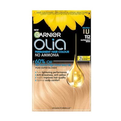 Garnier Olia Permanent Hair Dye, Up to 100% Grey Hair Coverage, No Ammonia, 60% Oils, 112 Super Light Beige Blonde