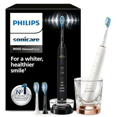 Philips Sonicare DiamondClean 9000 spazzolino elettrico, confezione doppia, spazzolino sonico con app, sensore di pressione, 4 modalità di pulizia, bicchiere di ricarica, nero e oro rosa, HX9914/61