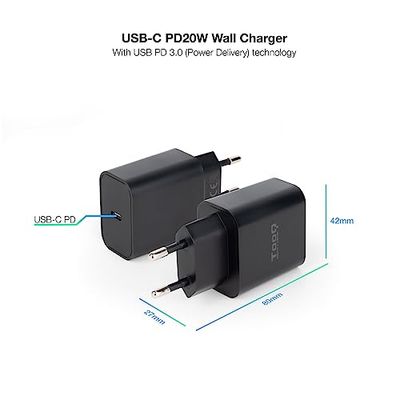 Cargador de Pared USB-C 20W PD 3.0, rápido y Compacto, Ideal para Cargar Dispositivos móviles y tabletas de Manera eficiente.