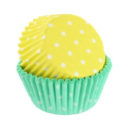 Baked With Love Polka Dot Cupcake Cases | 50 Baking Cups | Green & Yellow Pastel Greaseproof Paper Cases for Muffins and Cupcakes, Pack of 50