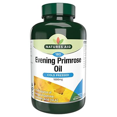 Natures Aid Huile d'Onagre 1000Mg en Gélules Souples - Source Naturelle d'Acides Gras Essentiels Omega 6 de Haute Puissance Pressés à Froid: Acide Gamma Linolénique (AGL) - 180 Jours en Capsules