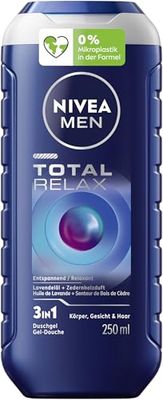 NIVEA MEN Total Relax żel pod prysznic, neutralny dla skóry, pielęgnujący żel pod prysznic o zapachu drewna cedrowego, dla mężczyzn, relaksująca formuła z olejkiem lawendowym do ciała, twarzy i włosów