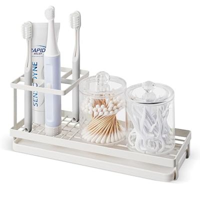 MYITYARD Toothbrush Holder for Bathroom, Metal Countertop Electric Toothbrush Holder with Toothpaste Holder and Cup Storage Organizer, Bathroom Accessories Removable Drain Tray, White