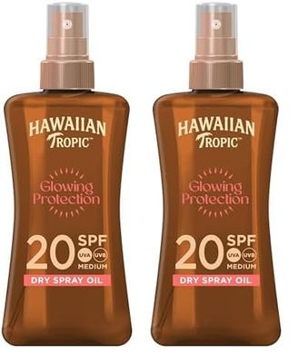 Hawaiian Tropic Glowing Protection Sunscreen Dry Oil Spray Mist, Water Resistant SPF 20 UVA plus UVB Protection Sunscreen Spray, Tropical Scent Sun Lotion with Coconut Oil, 200 ml (Pack of 2)