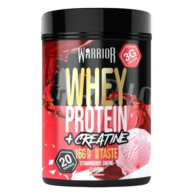 Warrior Whey Protein Powder + Creatine 500g - Sports Nutrition Shake for Muscle Growth, Performance, and Recovery - Enjoy Post Workout - Low Sugar - 20 Servings (Strawberry Crème)
