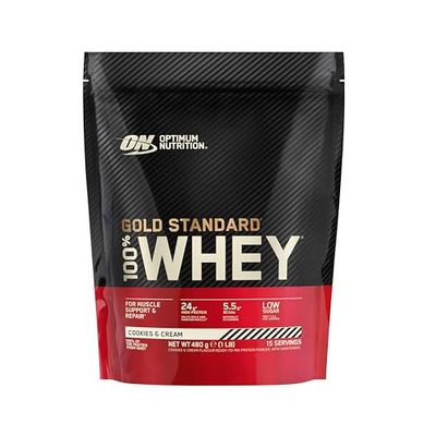 ON Gold Standard 100% Whey for Muscle Support and Repair, Low Sugar High Protein Powder with Naturally Occurring Glutamine and BCAA Amino Acids, Cookies & Cream Flavour, 15 Servings, 480g