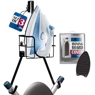 Ironing Board Holder Wall Mount & Over the Door Hanger, Laundry Room Ironing Board & Iron Hanger, Storage Caddy Iron Holder T&V Shaped, Ironing Board Cover & Pad Set Heat Reflective & Stain Resistant