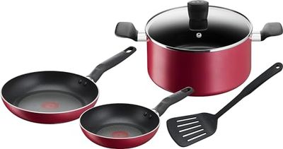 Tefal Lot de 5 pièces, Poêles 20/24 + faitout 24 cm + couvercle + spatule, Pas d’induction, Revêtement antiadhésif, Indicateur de chaleur Thermo-Signal, Poignée ergonomique, Super Cook B460S584