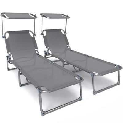 vounot Zonneligstoel met zonneklep, opvouwbaar, van textiel, met parasol, kantelbaar, van textiel, met maximale belasting 110 kg, verstelbaar, grijs, 2 stuks