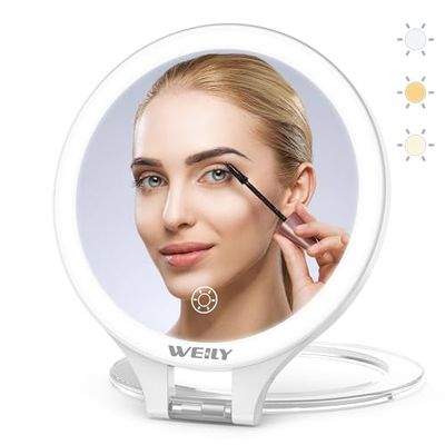 WEILY Specchio Trucco con Luci, 10X/1X Specchio Ingranditore, Bifacciale Specchio da Viaggio, con 3 Luci Colorate, Controllo Touch, Ricaricabile Portatile Specchio per Camera da Letto e Bagno(Bianco)