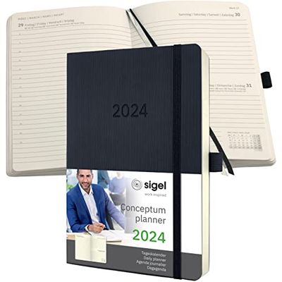 SIGEL C2420 Dagkalender 2024, ca. A5, zwart, softcover, 400 pagina's, elastiek, penlus, archieftas, PEFC-gecertificeerd, Conceptum