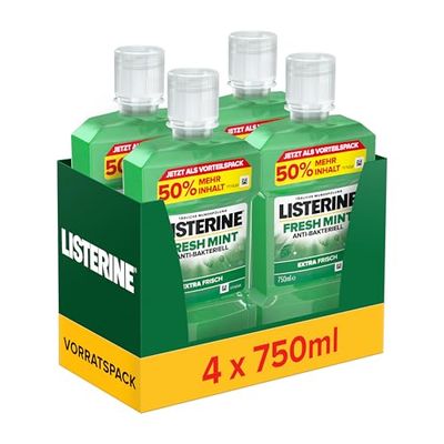 LISTERINE Fresh Menta (4 x 750 ml), collutorio antibatterico con oli essenziali per un alito fresco, collutorio riduce efficacemente la placca dentale e l'alito cattivo
