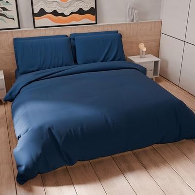 PETTI Artigiani Italiani - Parure de lit 2 Places 230 x 220 cm (2 taies d'oreiller 75 x 50 cm incluses), Housse de Couette en Microfibre Douce Couleur Unie Bleu Nuit