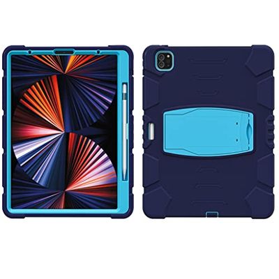 Hoes voor iPad Pro 12,9 inch (2018/2020/2021), 360° stootvaste kinderhoes, siliconen, hard plastic hoes met standaard, pensleuf, 3-in-1 design, marineblauw