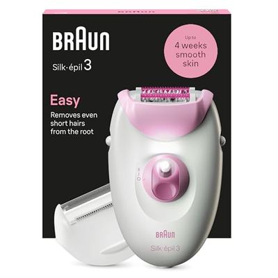 Braun Silk-épil 3, Corded Epilator for Hair Removal, Weeks of Smooth Skin, with Lady Shaver Head & Trimmer Comb, 3-031, Pink