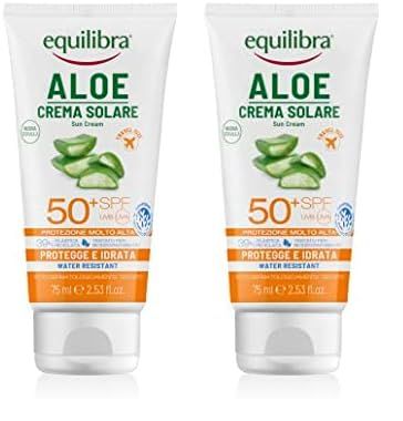 equilibra Solari, Aloe Crema Solare SPF 50+ Travel Size, con Aloe Vera, Vitamina C ed E, Olio di Argan, Olio di Cocco e Burro di Karité, Per un'Abbronzatura Sana e Naturale, Water Resistant, 75ml