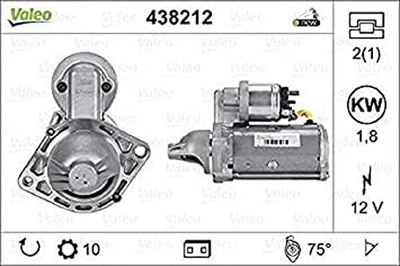 VALEO -438212-Motor de arranque - Potência nominal: 1,8 kW - Stop & Start: NO - Número de dentes: 10 dentes - Tensão: 12 V - Sensação de rotação: CLOCKWISE
