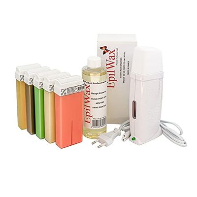 EpilWax Royal Depilatory Kit Complete with: Professional Wax Heater 5 Roll-On Wax 100 ml variegated, 100 Depilatory Strips, 1 Bottle of 250 ml After Wax Oil - (Royal Series variegated 5)