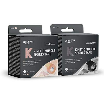 Amazon Basic Care - Kinetic nastro sportivo per sport, 5 m x 5 cm, Confezione da 2 (Nero, Beige)