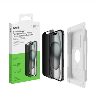 Belkin ScreenForce TemperedGlass antimicrobiële Privacy-screenprotector voor iPhone 15 en iPhone 14 Pro - dun, kraswerend - met Easy Align-bevestigingsframe voor makkelijk luchtbelvrij aanbrengen