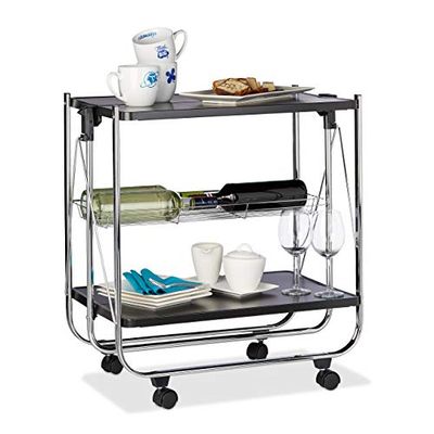 Relaxdays Garçonete dobrável para cozinha com 4 rodas, cesto de grelha e 2 bordas, aço, preto, 68,5 x 68 x 40,5 cm