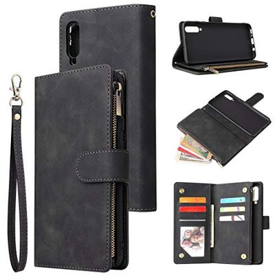 Carcasa de telefono Caso for la Galaxia A70 Multifuncional Retro Esmerilado Giro Horizontal del Cuero de la Tarjeta con la Ranura y el sostenedor y Zipper la Cartera y Marco de la Foto y la Cuerda de