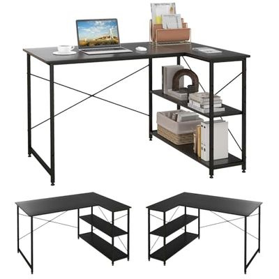 FANTASK Bureau d'angle en Forme de L avec étagère à Droite ou à Gauche, avec Compartiments de Rangement, Table d'angle pour la Maison, Le Bureau, Les Petits espaces, 120 x 88 x 74,5 cm, Noir