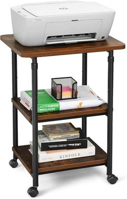 FANTASK Soporte para Impresora Enrollable con 3 Niveles, 67 – 77 cm, Carro de Impresora con Ruedas, Mesa de Impresora Regulable en Altura, Carrito multifunción, estantería para Oficina, Color marrón