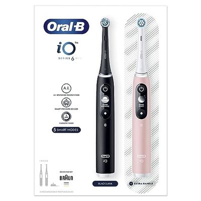 Oral-B iO Seria 6 Szczoteczka Elektryczna, Zestaw 2 Sztuk, Łączą się z Aplikacją Mobilną Oral-B, z Technologią Magnetyczną iO, Wyświetlacz OLED, Czarna i Różowa