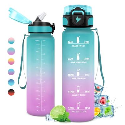 Drinkfles, 1 l, lekvrije fitnessfles, motiverende drinkfles met rietje, sportwaterfles met tijdweergave, drinkfles voor volwassenen, fiets, reizen, sport, school