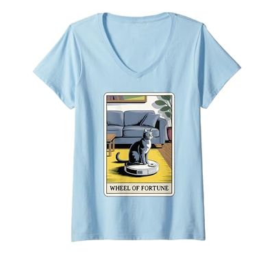 Mujer Rueda de la Fortuna Tarot Tarjeta Gato Robot Aspirador Gato Camiseta Cuello V