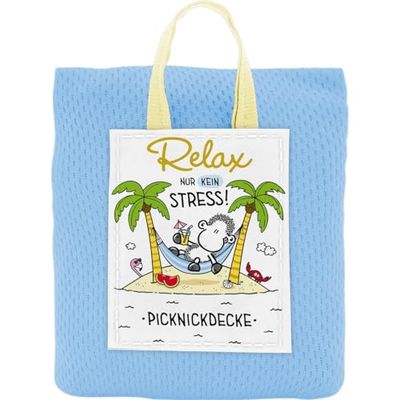 Sheepworld Manta de picnic con texto en inglés Relax | Manta de pícnic, color azul oscuro, 110 cm x 140 cm, pequeña funda protectora con asa, regalo, cumpleaños, viajes | 74131