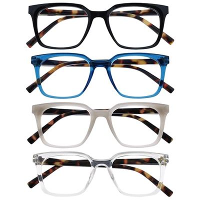 OPULIZE KOI Reading Glasses 4 Pack - Large Rectangular Frame - Black-Blue-Grey-Clear - Mens Womens- Spring Hinges - RRRR50-137C - +3.50