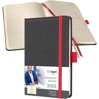 SIGEL C2556 Conceptum Weekly Planner 2025, Design Grey-red, 9,5 x 15 cm, hardcover, 176 Pages, Grey, red