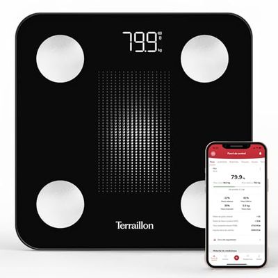 TERRAILLON – WEIGHT CONNECT – Báscula inteligente Bluetooth, análisis de masas grasas, musculares, hídricas y óseas, IMC, capacidad 180 kg, graduación 50 g, pantalla LED, bandeja de cristal, negro