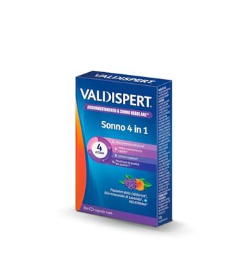 Valdispert Sonno 4 in 1, Integratore per il Rilassamento Notturno, l'Addormentamento Rapido e il Sonno Regolare con Melatonina, Estratti di Lavanda e Papavero della California, 30 Capsule Molli