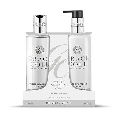Grace Cole White Nectarine & Pear Scented Body Care Duo Gift Set 1 x Bath & Shower Gel 300ml, 1 x Hand & Body Lotion 300ml - Essential Oils - Vegan - Made In England