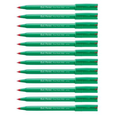 Pentel R50 Bolígrafo Verde Barril Base de Agua 0.8mm Punta 0.4mm Line Azul Ref R50-C [Paquete de 12] - Rojo, 12