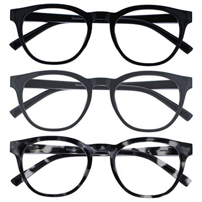 OPULIZE Blu - Occhiali da Lettura Filtro Luce Blu Set da 3 Montatura Tonda Fashion Cerniere a Molla Migliorano il Sonno Gaming Computer Anti Riflesso Nero Grigio Nero Uomo Donna BBB5-17W +3.00