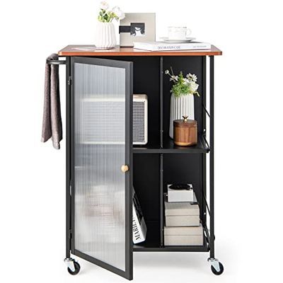 COSTWAY Carrito de Cocina portátil de Metal con Armario Transparente para una Sola Puerta, toallero, estantes de 2 Niveles, práctico Carrito con Ruedas bloqueables