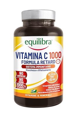 Equilibra, Vitamine C 1000 mg, Complément alimentaire Hautement Dosé pour le Fonctionnement Normal du Système Immunitaire, Libération progressive jusqu'à 6 Heures, Vegan, Sans Gluten, 90 Comprimés