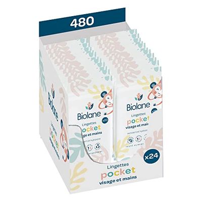 BIOLANE - Verpakking met 24 zakdoeken voor gezicht en handen, baby, 480 doekjes (24 x 20 cm), reinigt en beschermt de gevoelige huid, 97% natuurlijke ingrediënten, gemaakt in Frankrijk