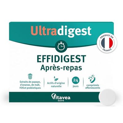 Ultradigest Après-Repas - Confort Intestinal, Digestion - Malt, Papaye, Ananas - Actifs Naturels - Probiotique Flore Intestinale - 24 comprimés - 24 jours - Fabriqué en France - Vitavea