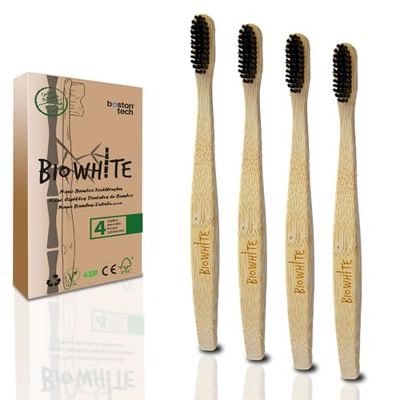 BioWhite 4 Cepillos de Dientes de Bambú | Cerdas Suaves y Orgánicas sin BPA | Natural + Ecológico + Biodegradables + Compostables | Numerados para toda la familia | Cepillo de bambú vegano