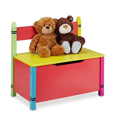 Relaxdays Banquette de Rangement pour Enfant, Coffre à Jouets, HLP : 54,5 x 60 x 35 cm, Banc avec Couvercle, Multicolore